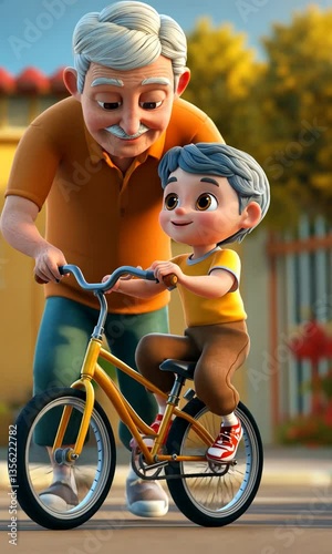 A joyful grandfather teaches his young grandson to ride a bicycle in a sunny neighborhood setting