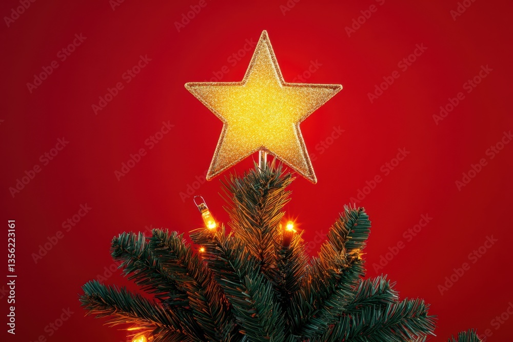 Fototapeta premium Bright golden star shines atop a decorated Christmas tree against a rich red background during the holiday season