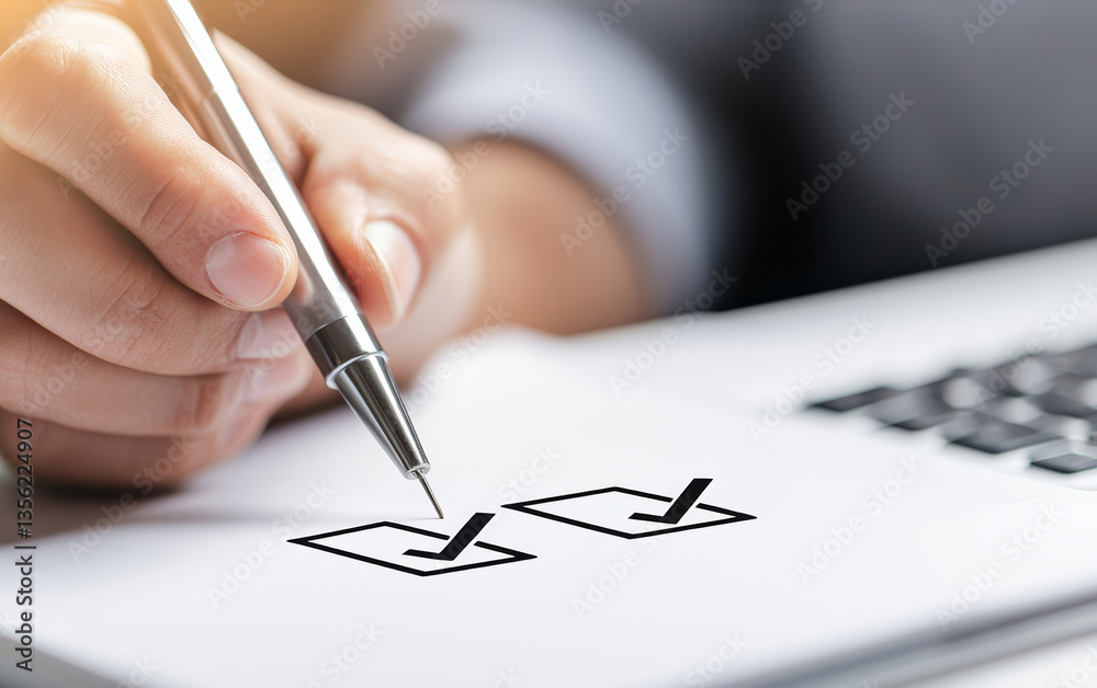 Hand ticking checkmarks on a transparent digital checklist overlay while working on a laptop, representing business approval, task completion, and workflow efficiency Hand ticking checkmarks on a transparent digital checklist overlay while working on a laptop, representing business approval, task completion, and workflow efficiency