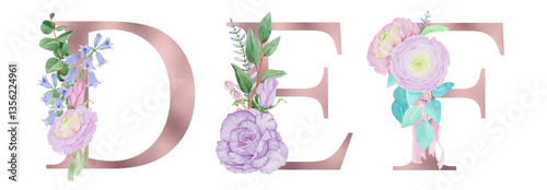 Set of rose gold letters with roses, ranunculus and eucalyptus branches, wedding monograms.