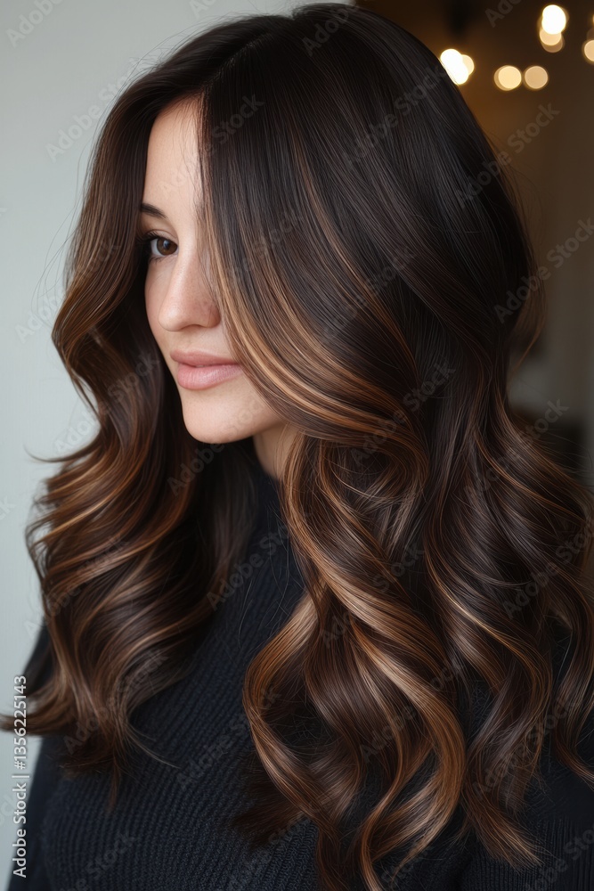 Naklejka premium Elegant woman with shiny, wavy hair styling in a cozy indoor setting, showcasing natural beauty and healthy locks during afternoon light