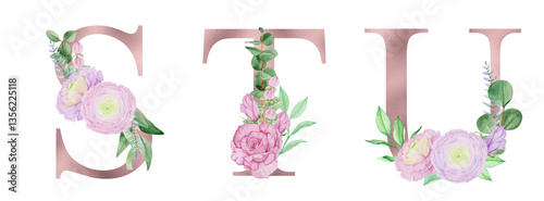 Set of rose gold letters with roses, ranunculus and eucalyptus branches, wedding monograms.