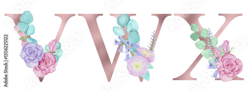 Set of rose gold letters with roses, ranunculus and eucalyptus branches, wedding monograms.