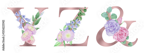 Set of rose gold letters with roses, ranunculus and eucalyptus branches, wedding monograms.