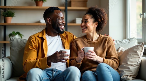 African American Couple Enjoying Coffee Together On Couch Intimate Relationship Moment Home Connection Black Love Morning Ritual Dating Relaxation Togetherness Happiness Bonding.