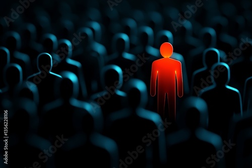 Neon cyan individual standing out in a sea of dark orange figures, symbolizing creativity, intelligence, and visionary thinking