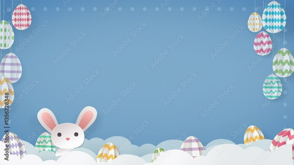 Happy Easter Cute Animated Card Border Template with free space text placeholder bunny eggs blue background 4K 60fps
