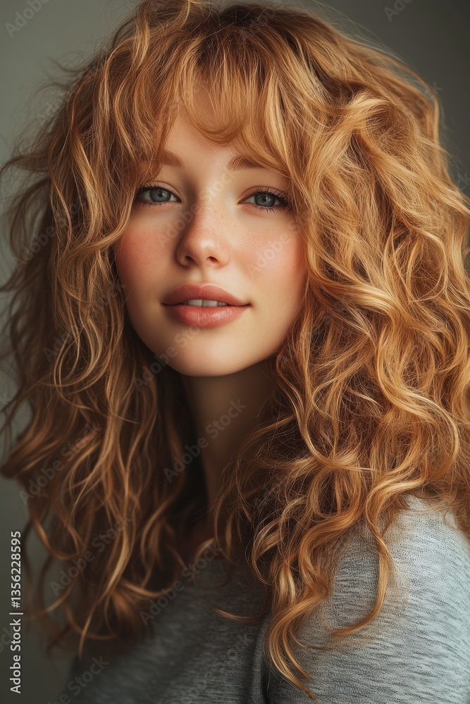 Naklejka premium Beautiful young woman with curly red hair smiles softly in a cozy indoor setting during daylight hours
