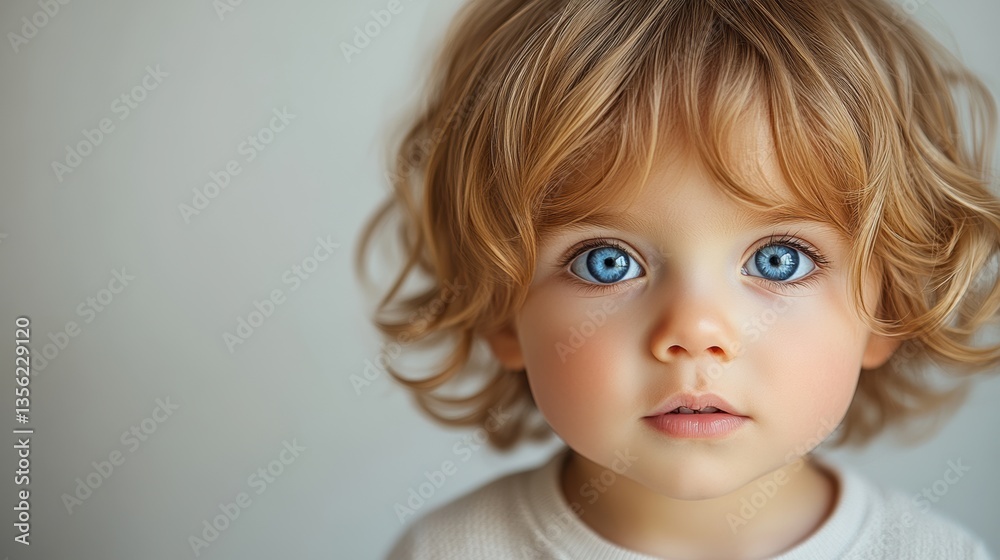 Young child with curly hair and striking blue eyes gazes curiously at the viewer against a simple background