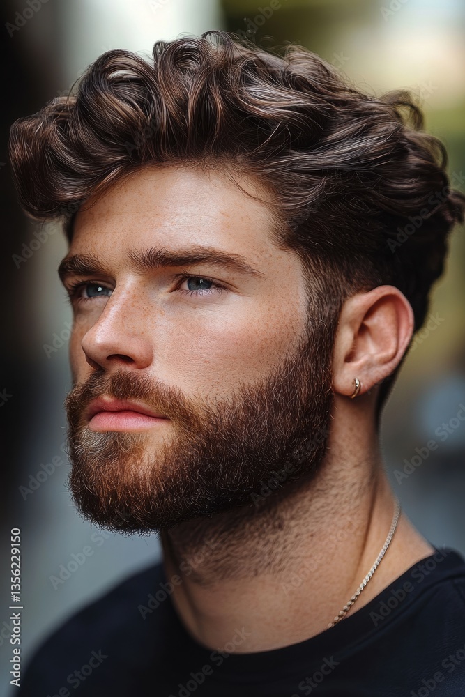 Obraz premium Young man with modern hairstyle and beard in urban setting during daylight hours captures attention in thoughtful pose