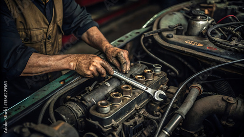 Mechanic repairing classic car engine using wrench, dirty hands show hard work and expertise in auto repair shop