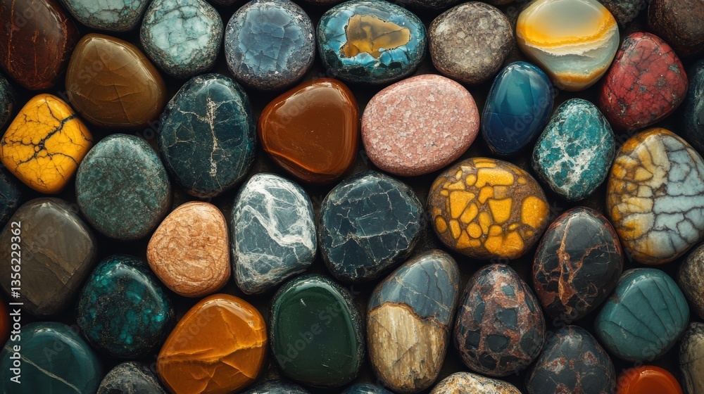 Colorful Polished Pebbles and Stones in Various Shapes and Patterns for Natural Decor and Landscaping Projects Colorful Polished Pebbles and Stones in Various Shapes and Patterns for Natural Decor and Landscaping Projects
