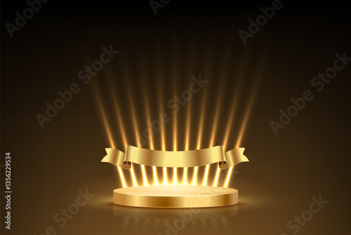 Gold award podium. Golden anniversary empty stage with glowing light rays and ribbon on black background. Template for celebration birthday or jubilee, winner ceremony. Vector illustration.