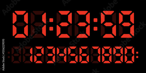 Digital clocks. Electronic numbers display. Red digits isolated on black background. Electronic watch, alarm timer, countdown. Realistic vector illustrations set..