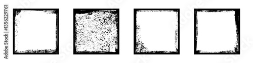 Black frames with worn paper effect on white background. Textured squares with old, grunge, grainy, vintage, worn, dust effect. Simple object mockup. Realistic vector illustrations set.