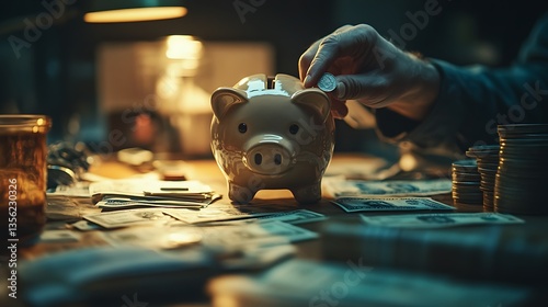 Wallpaper Mural A dimly lit desk with scattered bills, a worried hand dropping a single coin into a nearly full piggy bank, emergency fund concept, dramatic storytelling, high-resolution details. --ar 16:9 Torontodigital.ca
