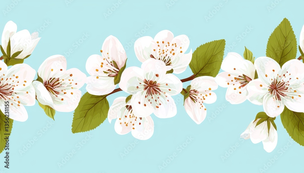 Fototapeta premium Seamless floral pattern with delicate white blossoms on a textured blue background, vintage-inspired botanical illustration