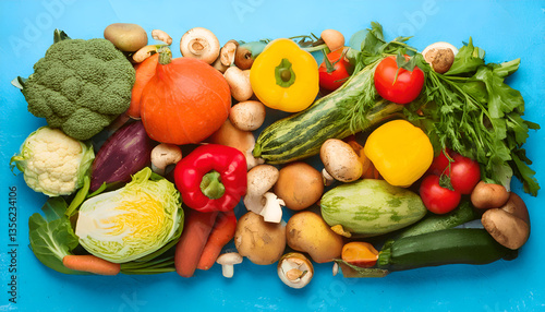 Wallpaper Mural Organic harvest Vegetables from garden and forest mushrooms. Vegetarian ingredients for cooking on blue background, top view, border
 Torontodigital.ca
