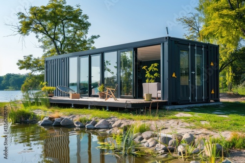 Vibrant Color Image of Modern Shipping Container House Near Lake on a Sunny Day