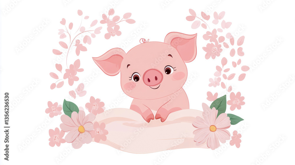 Cute Springtime Piglet with Blossom Frame: Greeting for Spring Festivities, Invitation Card Cute Springtime Piglet with Blossom Frame: Greeting for Spring Festivities, Invitation Card