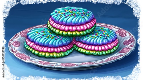 Three colorful layered sandwich cookies on a plate.