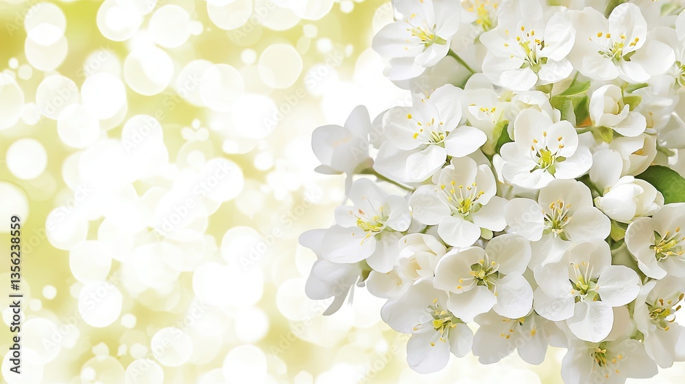 Fototapeta premium White blossoms, spring bouquet, bokeh background, greeting card design