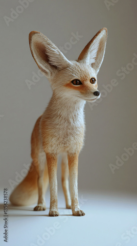 Realistic long-eared fox full body upright stance large pointed ears slender legs alert posture natural fur detail desert animal wildlife species graceful figure isolated background mammal elegant