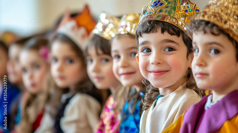 Children wearing festive crowns smiling together: a celebration of joy and friendship Children wearing festive crowns smiling together: a celebration of joy and friendship