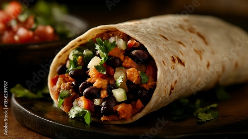 vegetarian burrito cut open to reveal black beans and orange filling