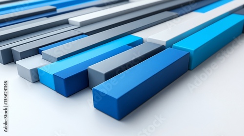 Abstract geometric arrangement of blue and gray rectangular block forms