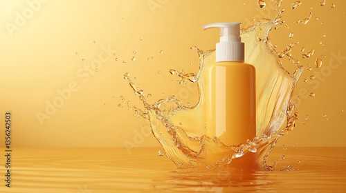 Elegant orange pump bottle amidst a dynamic water splash concept design