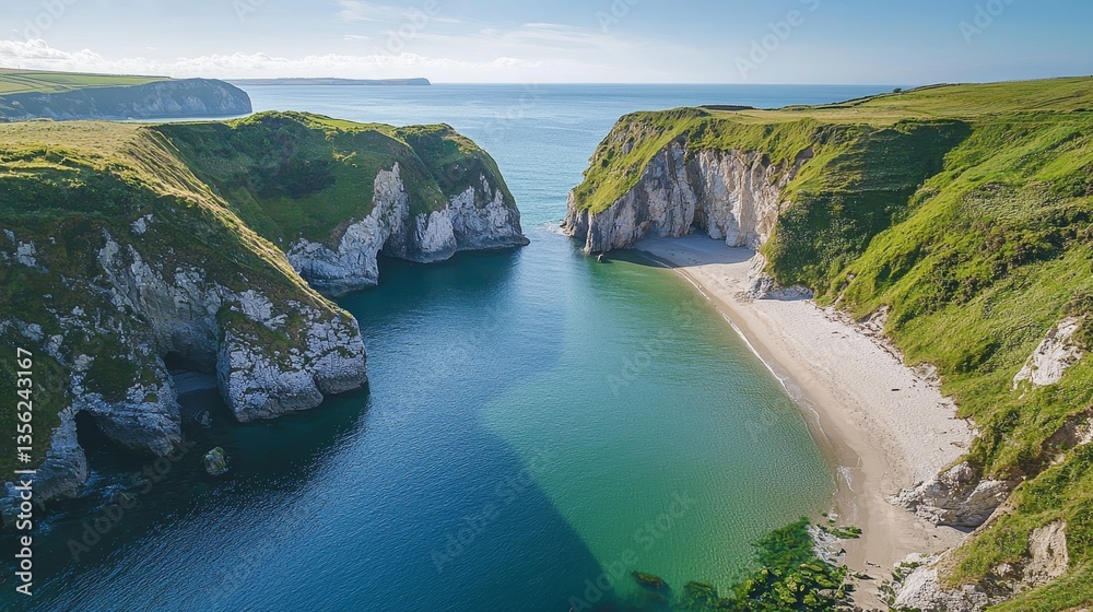 Obraz premium Aerial view of a secluded beach cove surrounded by lush green cliffs