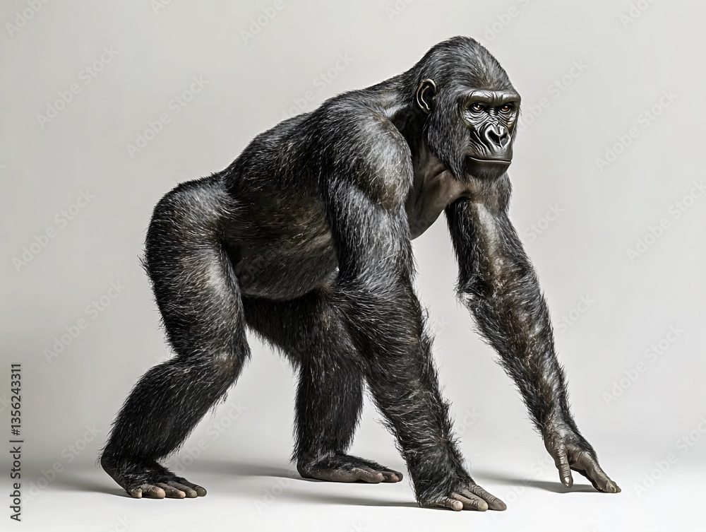 Fototapeta premium Realistic slender gorilla full body standing strong arms defined muscles upright posture calm expression isolated background wild primate mammal powerful stance lean frame natural wildlife portrait