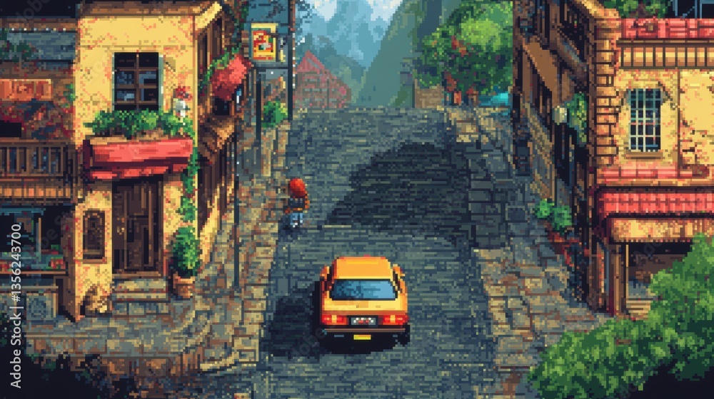 Fototapeta premium Vibrant Pixel Art Scene Depicting a Serene Street with Colorful Buildings, Lush Trees, and a Classic Car in a Quaint Village Setting