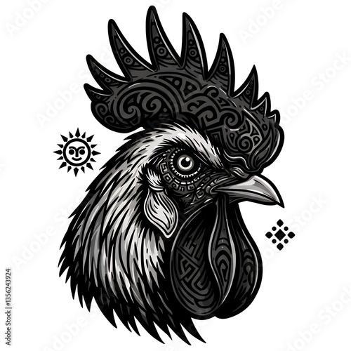 Intricate Black and White Rooster Head with Tribal Design isolated on white or transparent png background