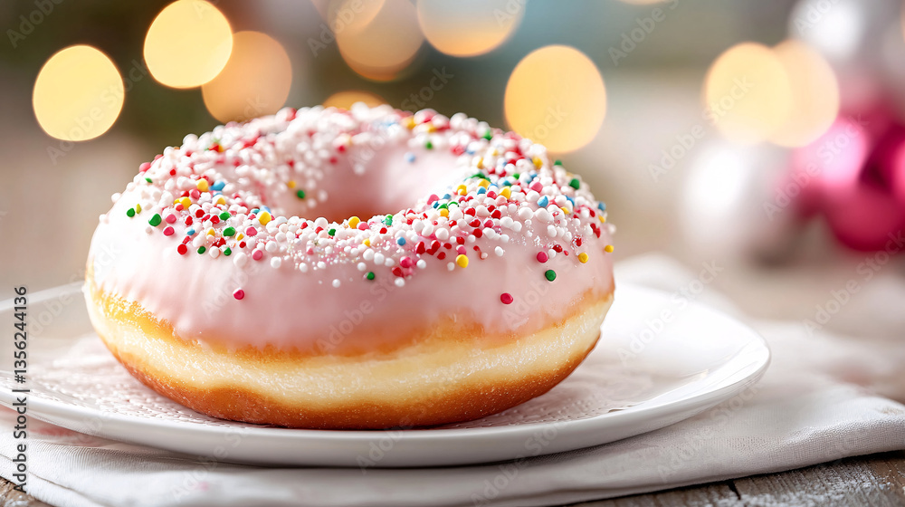 delicious donut with pink icing glaze and colorful sprinkles sits on white plate, creating delightful and inviting atmosphere. soft texture and vibrant colors evoke sense of joy and indulgence delicious donut with pink icing glaze and colorful sprinkles sits on white plate, creating delightful and inviting atmosphere. soft texture and vibrant colors evoke sense of joy and indulgence