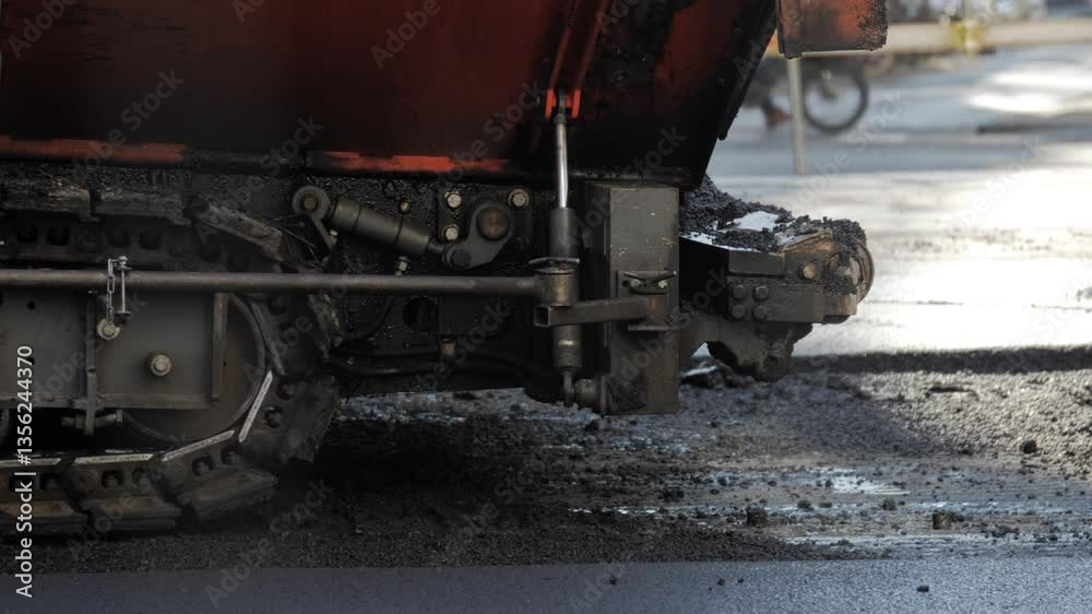 Detailed view of asphalt paving machine in urban environment on a sunny day Detailed view of asphalt paving machine in urban environment on a sunny day