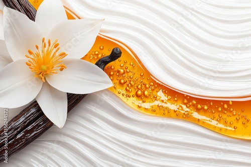 A beautiful arrangement of a white flower, vanilla pod, and honey on a textured background