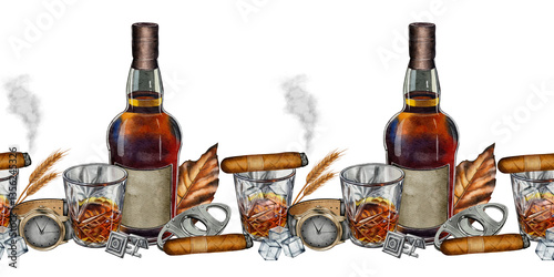 Seamless border with whiskey, cigars, ice, and accessories. Suitable for packaging, design, advertising, and printing. Elegant masculine style.