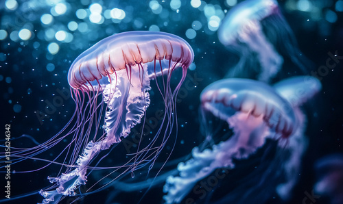Enchanting jellyfish gracefully dance in the deep ocean under shimmering light rays