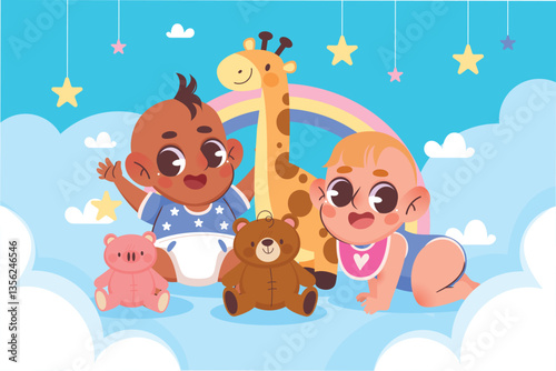 Cute babies and rainbow Background