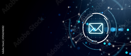 Neon email icon with network connections on dark digital background. 3D Rende...