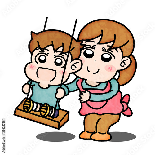 保育士と一緒にブランコ遊び