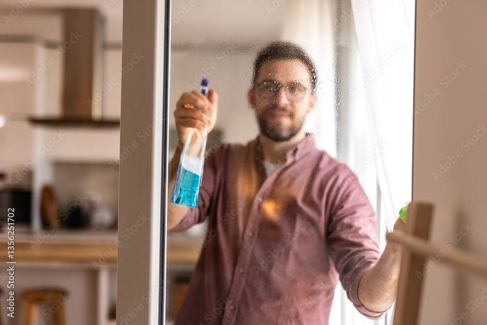Fototapeta premium A smiling man cleaning a glass door with a spray bottle and cloth in a bright, modern home. He enjoys household chores in a tidy and cozy environment.
