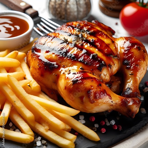 closeup of grilled chicken with french fries on a white background