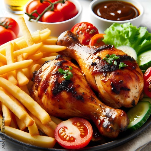closeup of grilled chicken with french fries on a white background