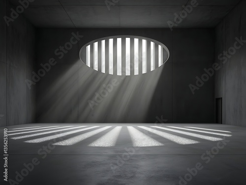 Sunbeams Illuminate Concrete Cell Interior. photo