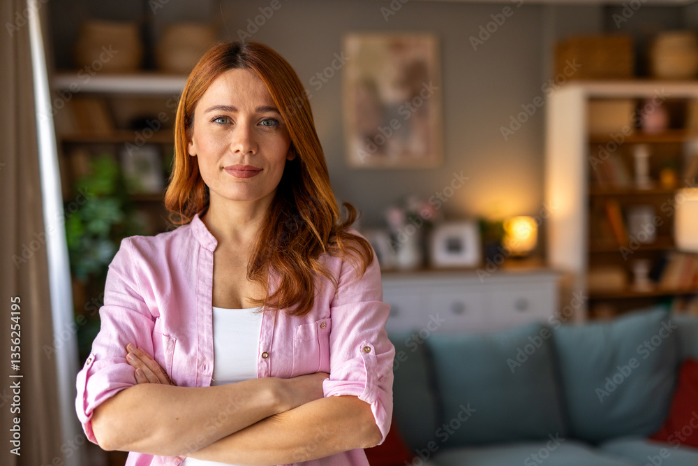 Fototapeta premium A confident woman smiles warmly while standing in a cozy, well-decorated living room, exuding positivity and comfort.
