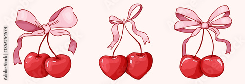 Cherry with bow coquette girly fruit, tie ribbon sketchy doodle drawing, y2k retro aesthetic. Whimsical cute cherry. 