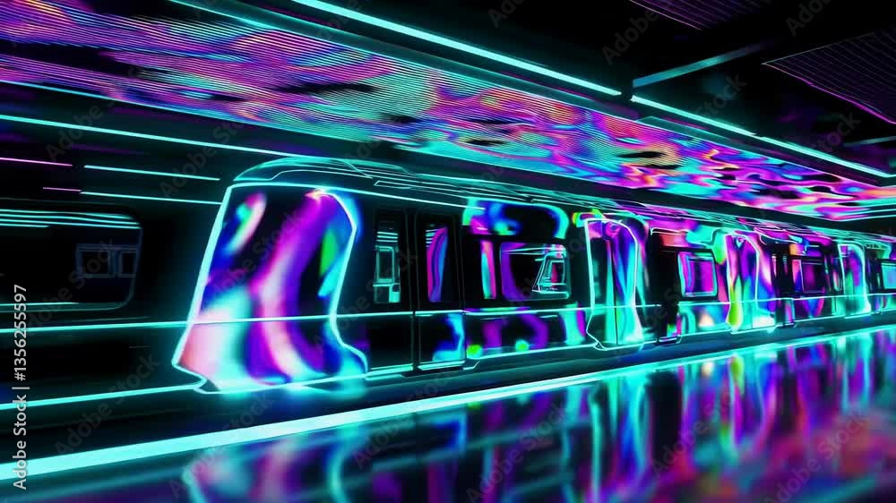 Futuristic neon train journey through psychedelic cityscape with reflective lights Futuristic neon train journey through psychedelic cityscape with reflective lights